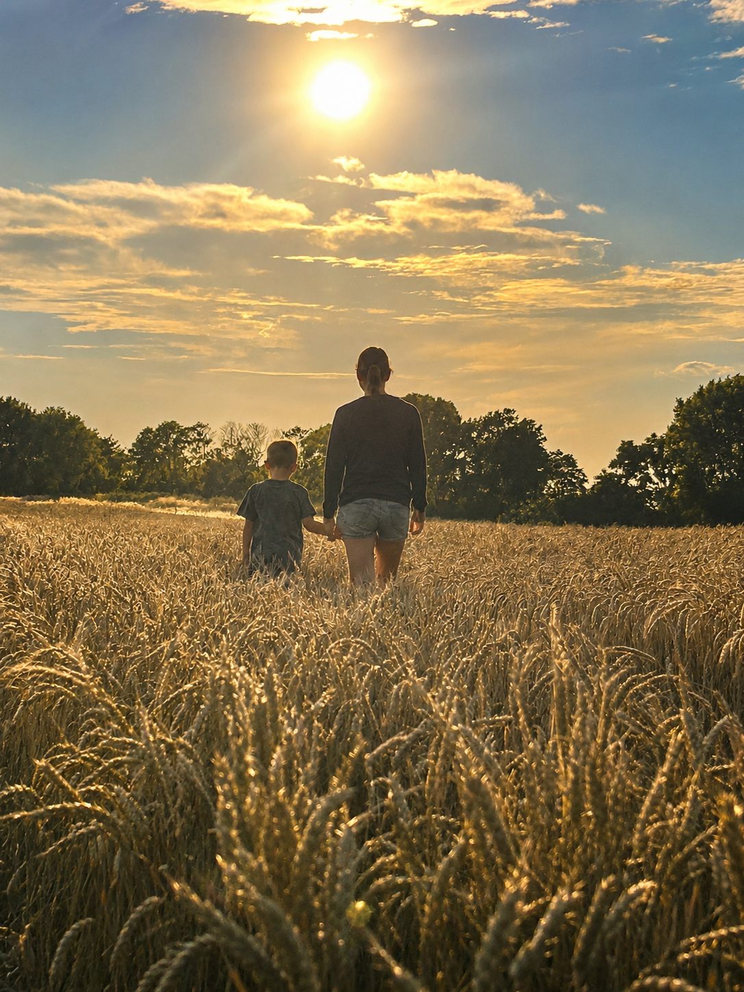 Eine erwachsene Person und ein Kind gehen Hand in Hand durch ein Getreidefeld im Gegenlicht.